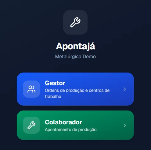 Tela inicial do Apontajá com as opções Gestor e Colaborador